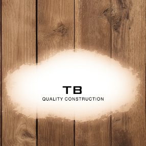 TB Quality Construction logo — 'TB' in bold black text above 'QUALITY CONSTRUCTION,' set against a wood plank background with a glowing white cloud effect behind the text